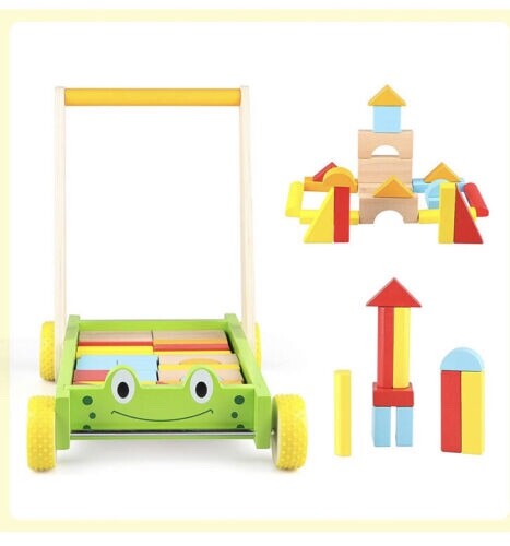 New — Jamohom Wooden Frog Baby Learning Walker Activity Center Toy with Blocks