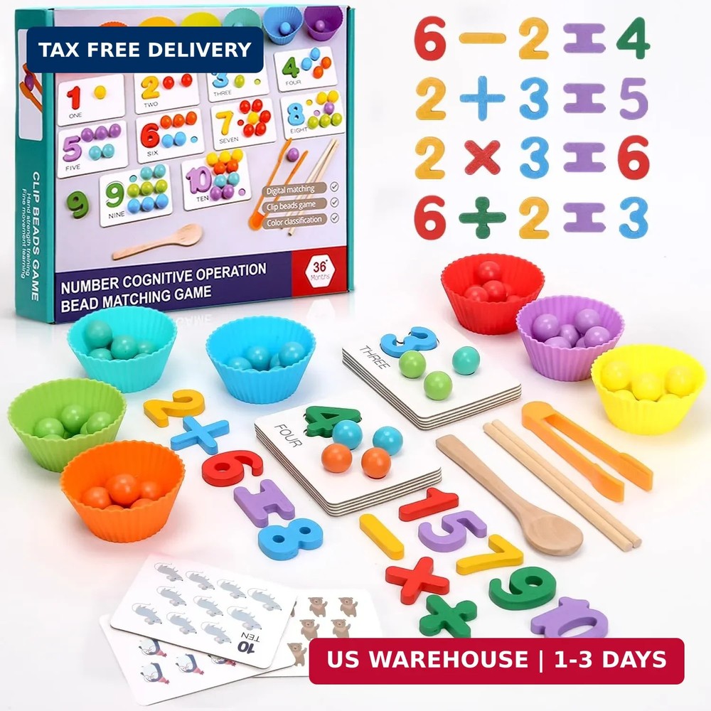 Wooden Peg Board Bead Game, Montessori Arithmetic Math Toy Set with Beads, Chops