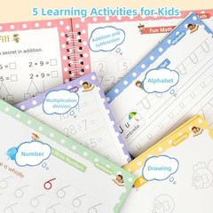 5pc Reusable Handwriting Practice Books for Kids Grooved Magic Copybook Set