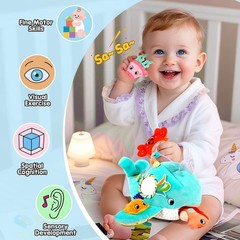 Soft Ocean Baby Toy with Rattle Crinkle Squeaker Mirror, Sensory Montessori Gift
