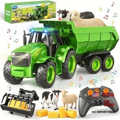 RC Farm Tractor Toy w/Light & Music, Kids Trailer Toy w/Front Loader & Green