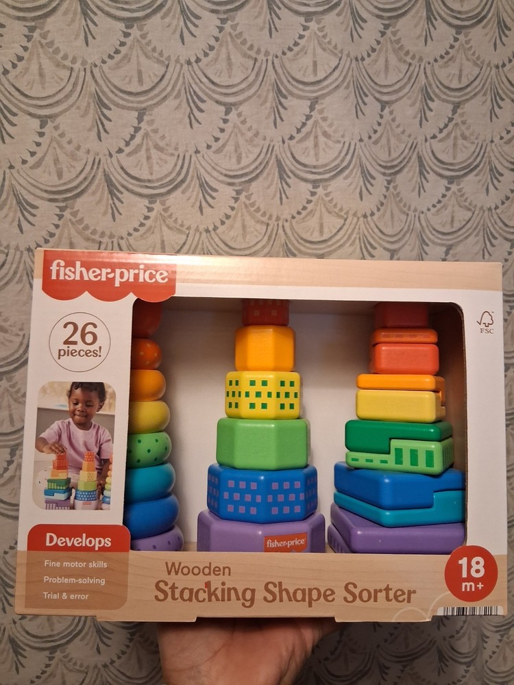 New Fisher Price Mattel Wooden Stacking Shape Sorter 26 Pieces 18 m +