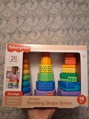 New Fisher Price Mattel Wooden Stacking Shape Sorter 26 Pieces 18 m +