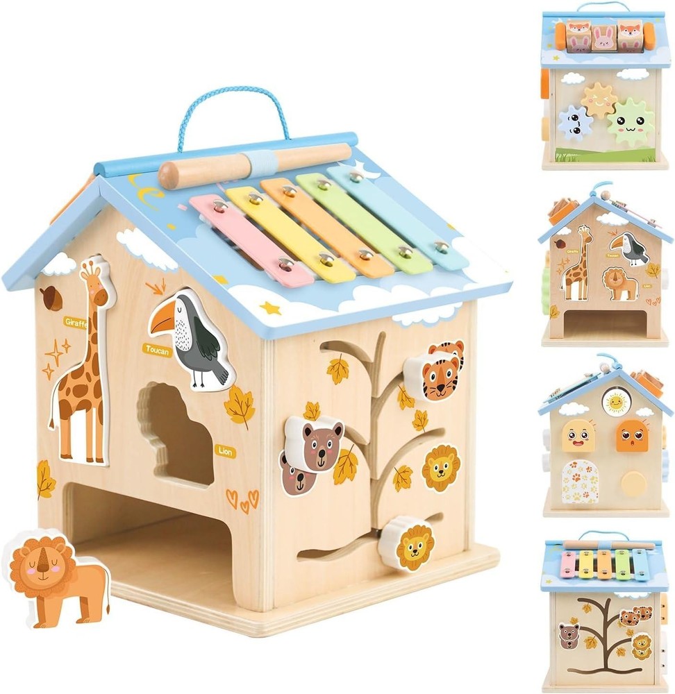 Wooden Activity Cube 8-in-1 Baby Activity Center Montessori Toys for 1 Year Old