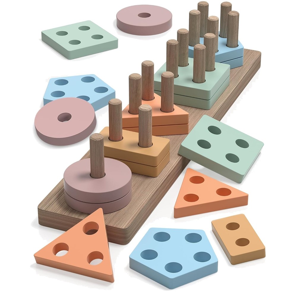 Montessori Shape Sorter Set – 20 Colorful Wooden Blocks for Educational Play