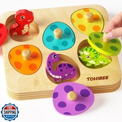 TOHIBEE Wooden Puzzles Montessori Toys for Toddlers 1-3, Dinosaur Eggs Peg Pu