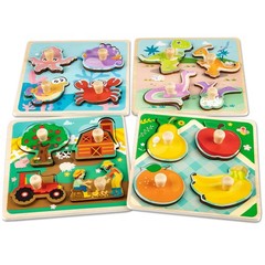 Wooden Toddler Puzzles – 4 Pcs Eco-Friendly Animal Patterns Jigsaw With Handl…