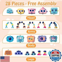 Robots Wooden Snap-Together Building Toys – 28-Piece STEM Montessori Educatio