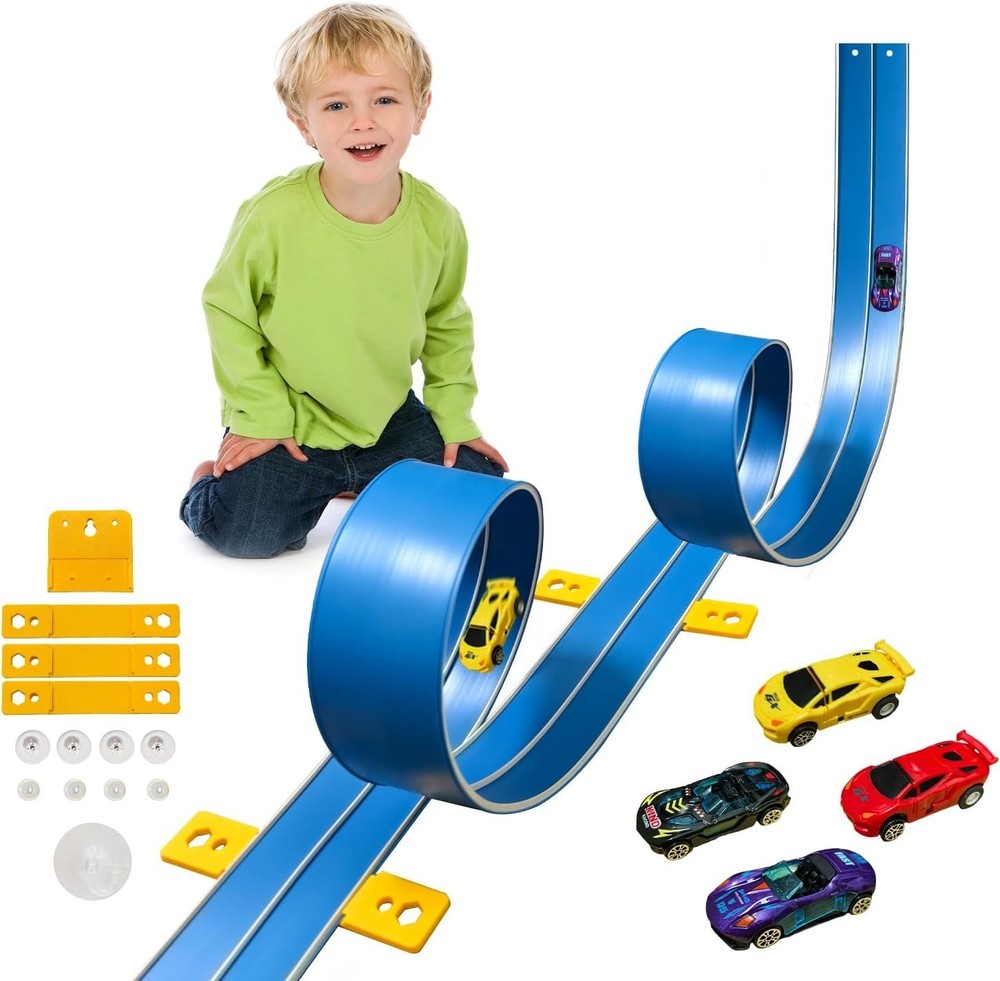15 Ft Flexible Race Car Track (Daytona Blue) for Kids,Flex Track Starter Set