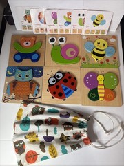 Montessori Developmental Toddler Jigsaw 6 Puzzle Wooden Complete Set W Cards Bag