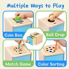 4-in-1 Montessori Coin Box Toy for Toddlers 1-3 Years, Wooden Educational Play