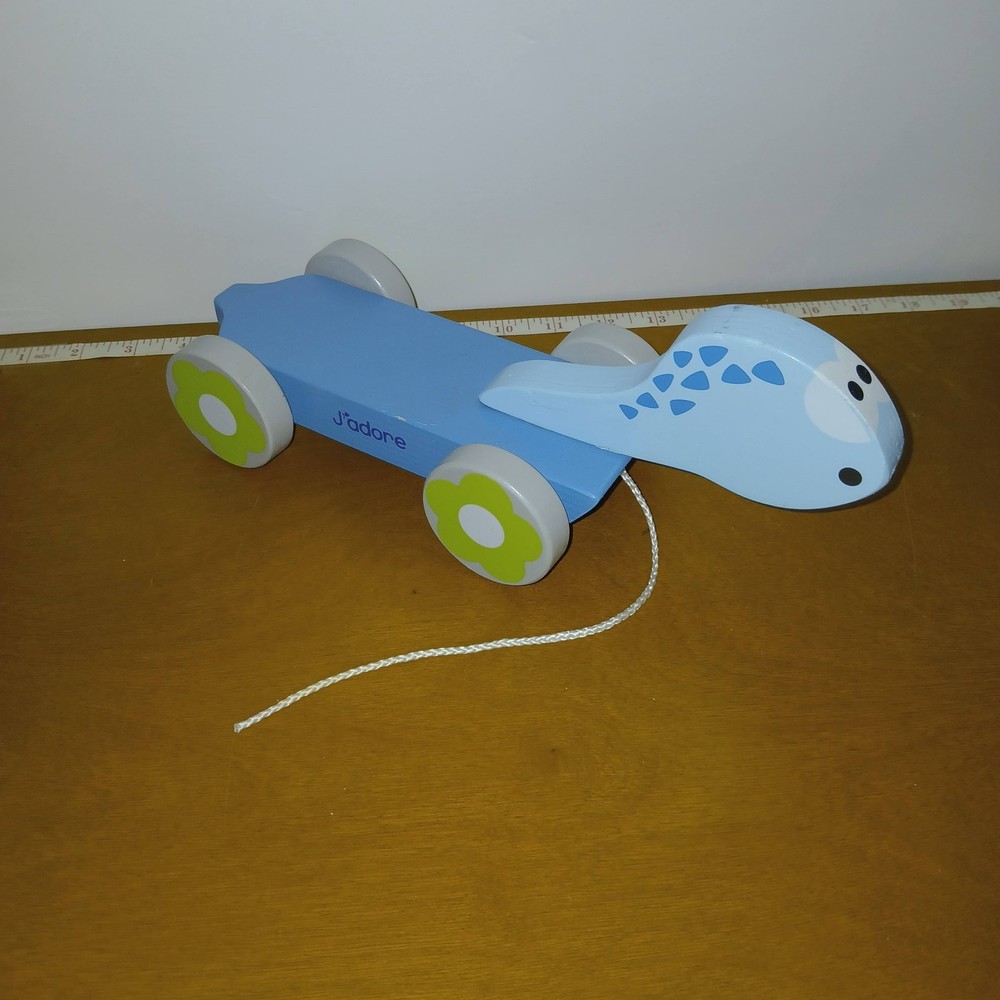 J’adore Wooden Dinosaur Pull Toy Blue Natural Wood Toddler Montessori Eco-Friend