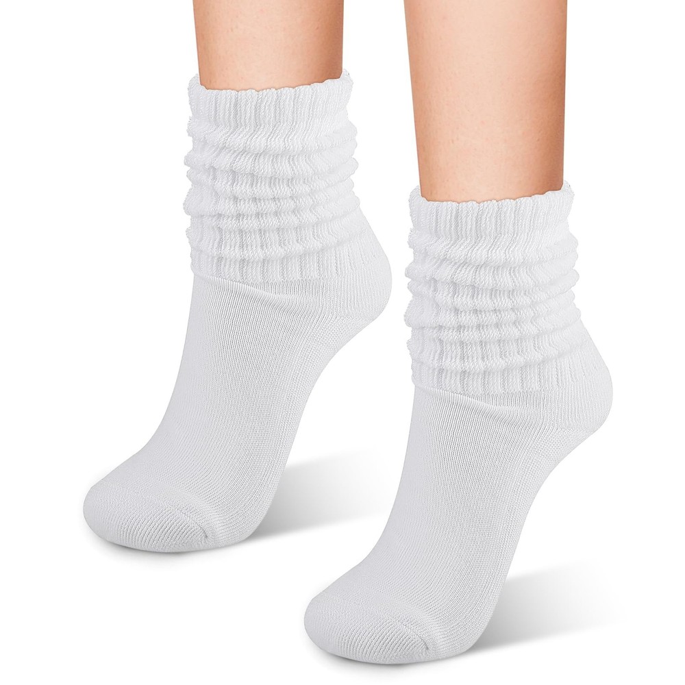 Tucnoeu Womens White Crew Socks, Cotton Retro Casual Scrunched Tube Sock Whit…