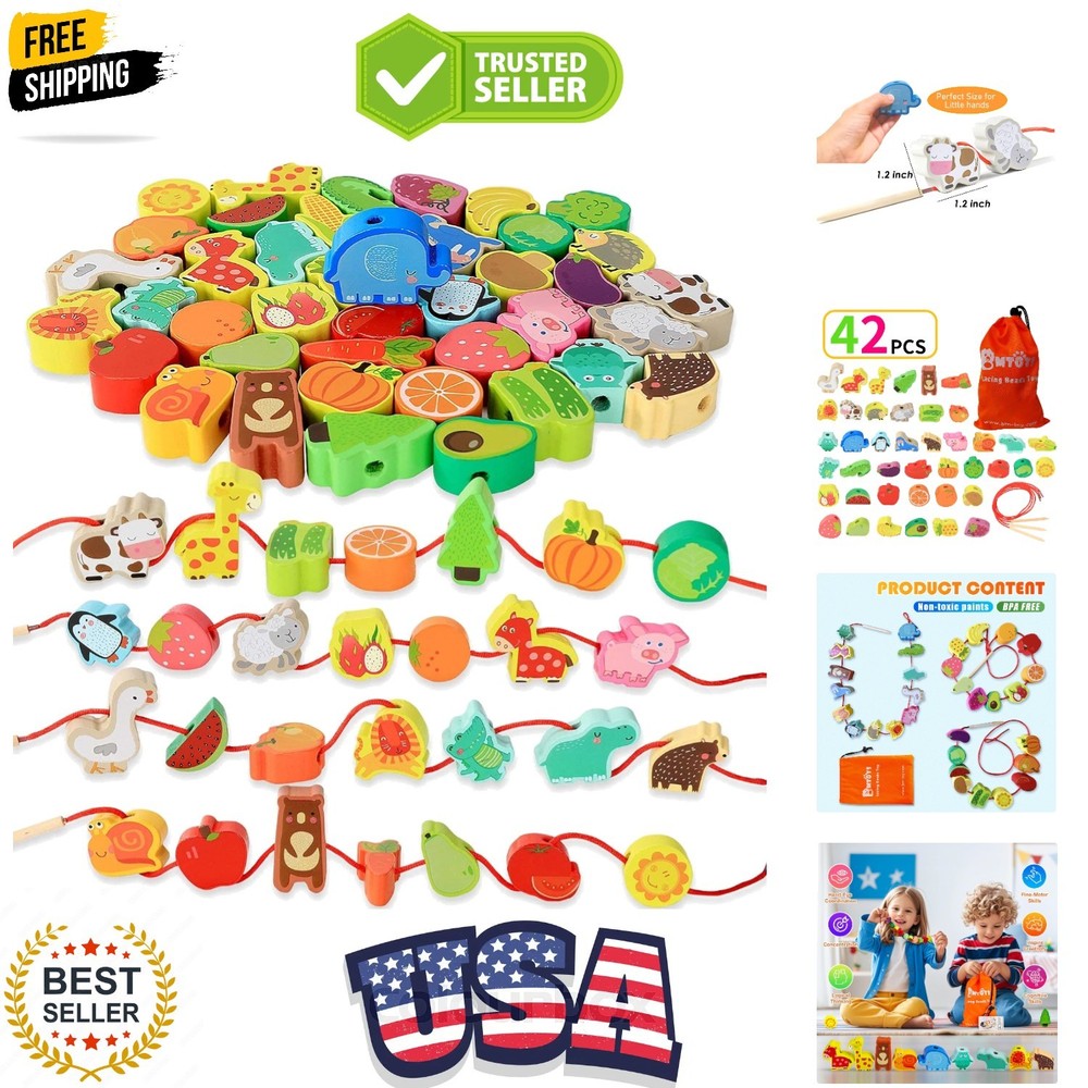 Montessori Educational Threading Toys Wooden Stringing Farm Animals Fruits La…
