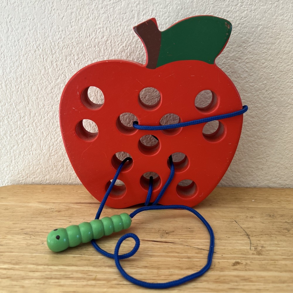 Wooden Lacing Apple, Montessori Threading Toys Wood Lace Block Puzzle Shape