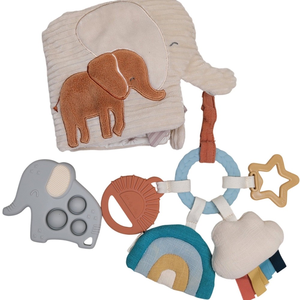 Itzy Ritzy Baby Sensory Toy Set Elephant Soft Plush Book Rainbow Popper Bundle