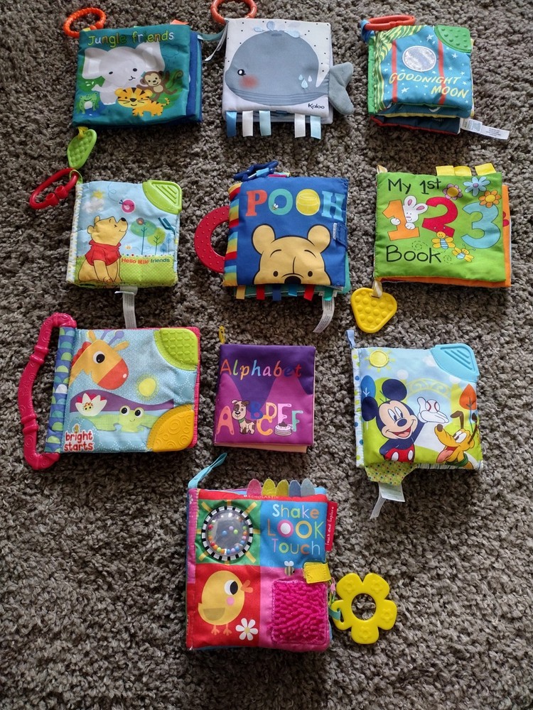 10 Small Soft Cloth Baby Books Crinkle Teethers Flaps Stroller Clips Disney Moon