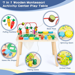 Activity Table for 1+ Year Old Girls Boys, 7-In-1 Wooden Montessori Toys, Activi