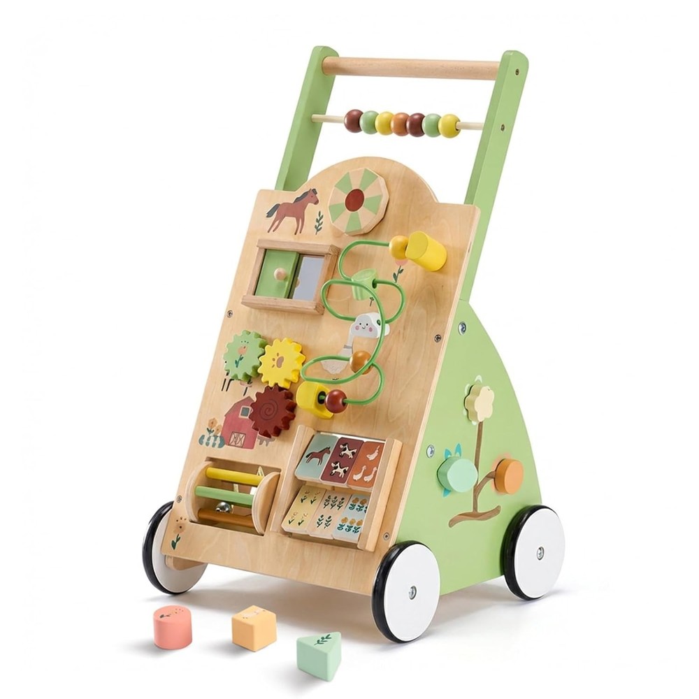 Wooden Baby Push Walker, Montessori Activity Toys with Adjustable Speed for 1 Ye