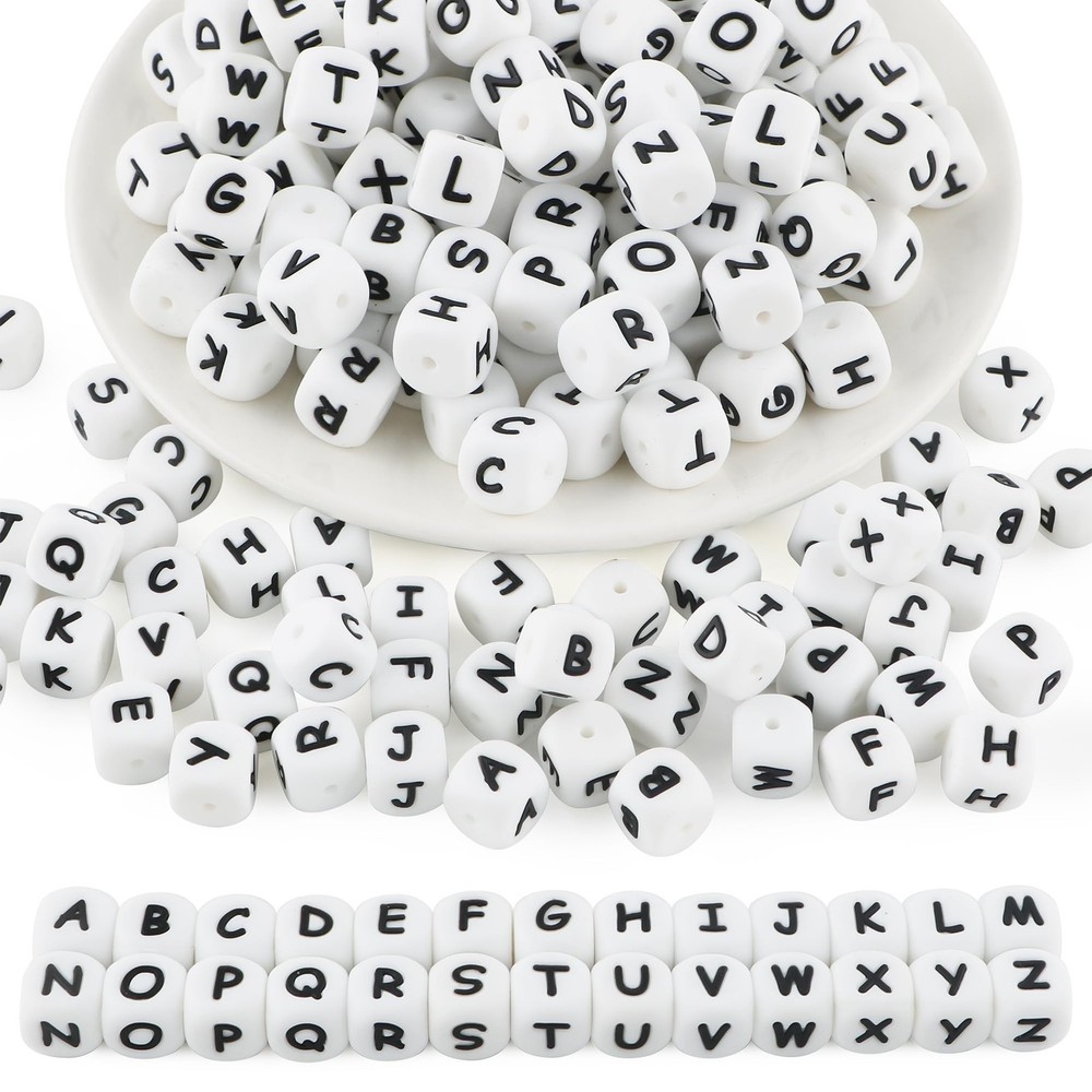 130Pcs 12mm White Square Silicone Letter Beads A-Z, Cube Alphabet Silicone Be…