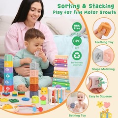 6 in 1 Montessori Baby Toys 6-12-18 Months Infant Teething Toys Stacking Blocks