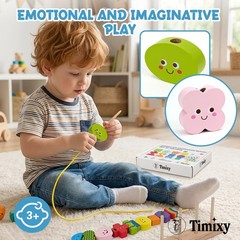 Montessori Wooden Stacking Blocks Sequencing Game Lacing Beads Toy Set for Ki…