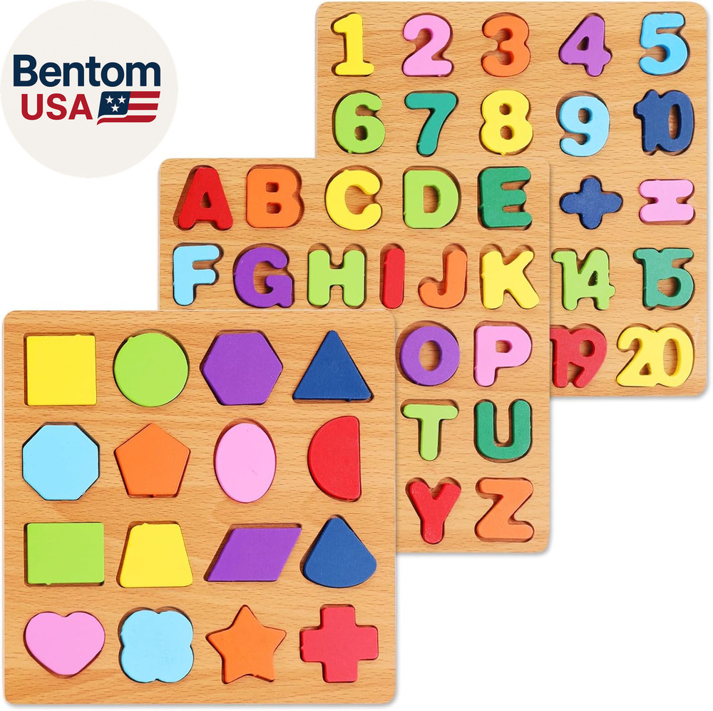 Alphabet Wooden Puzzles for Toddlers 3-5, Pack of 3 ABC, Number and Shape Puzzle