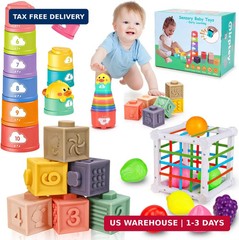 Montessori Baby Toys 6-12-18 Month, Infant Teething Toys Shape Sorter Bin Stacki