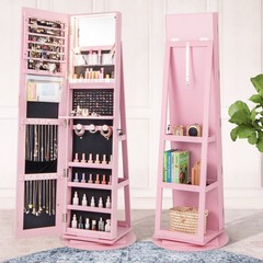 360° Rotating Mirrored Jewelry Cabinet Armoire 3 Color LED Modes Lockable-Pink –