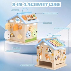 Wooden Activity Cube 8-in-1 Baby Activity Center Montessori Toys for 1 Year Old