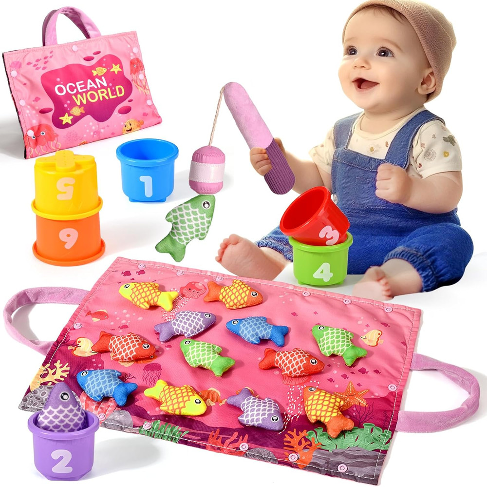 Montessori Toys for 1 Year Old Girl Gifts, 20PCS Pink Cloth Fishing Toy for Todd