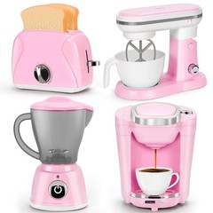 Pink Play Kitchen Appliances Toy Set with Coffee Maker Machine, Mixer, Toaste…