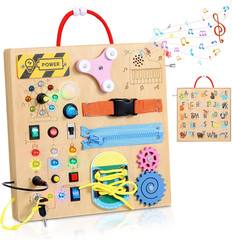Montessori Wooden Busy Board with LED Switches, Locks & Music Box