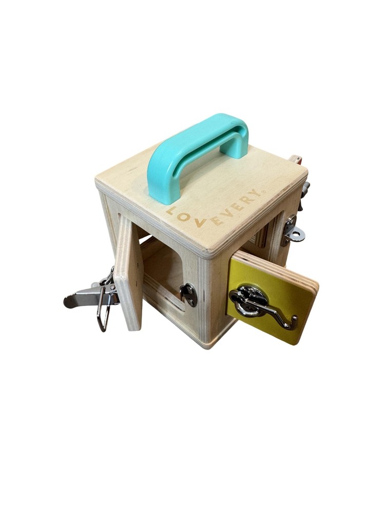 Lovevery Wooden Activity Cube Lock Box Latches Multicolor Montessori 12-18 Mo