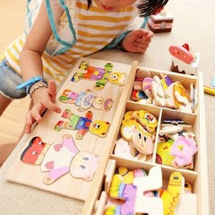 QWZ Little Bear Change Clothes Children’s Early Education Wooden Jigsaw Puzzle D