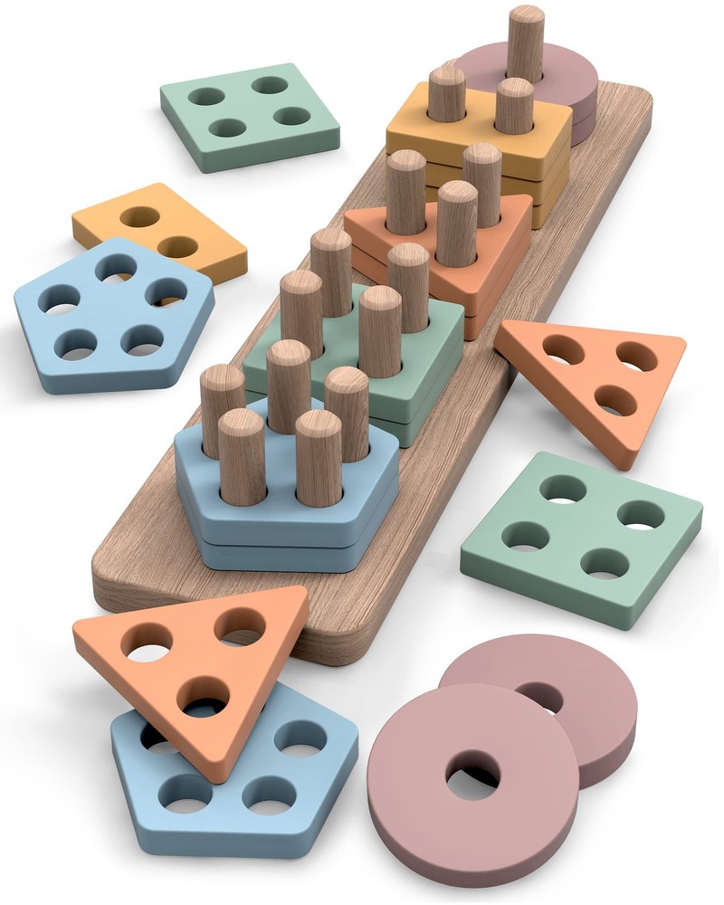 Montessori Toys for 1+ Year Old – Wooden Shape Sorter & Stacking Puzzle – Tod…