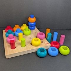 Haba Rainbow Whirls Wooden Sorting Stacking Color Peg Ring Stem Fine Motor Skill