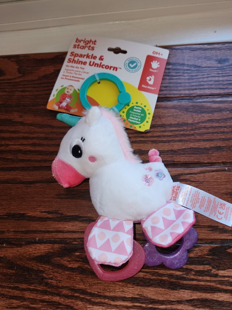 Bright Starts Sparkle & Shine Unicorn Rattle Teether On-the-GO Toy NWT