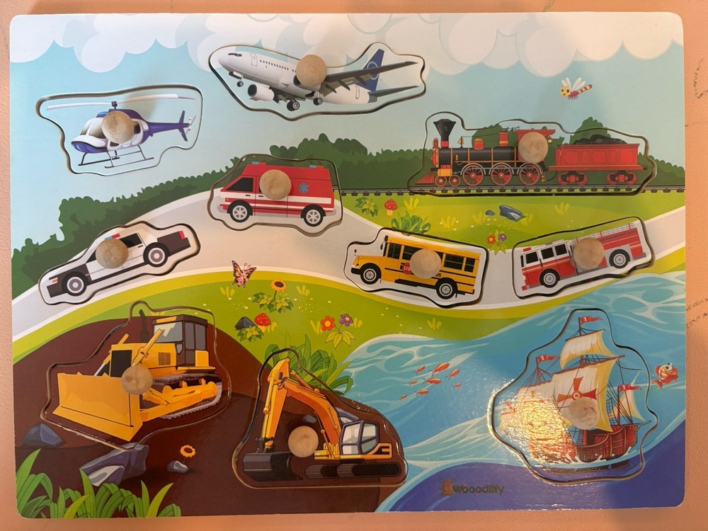 Kids Wood Peg Puzzle 10 Piece Vehicles Educational Used Excellent Condition