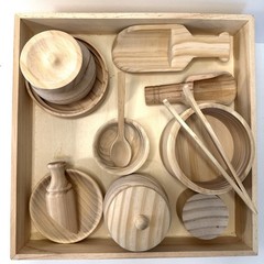 12pc Montessori Wooden Sensory Bin Tools with Box EUC