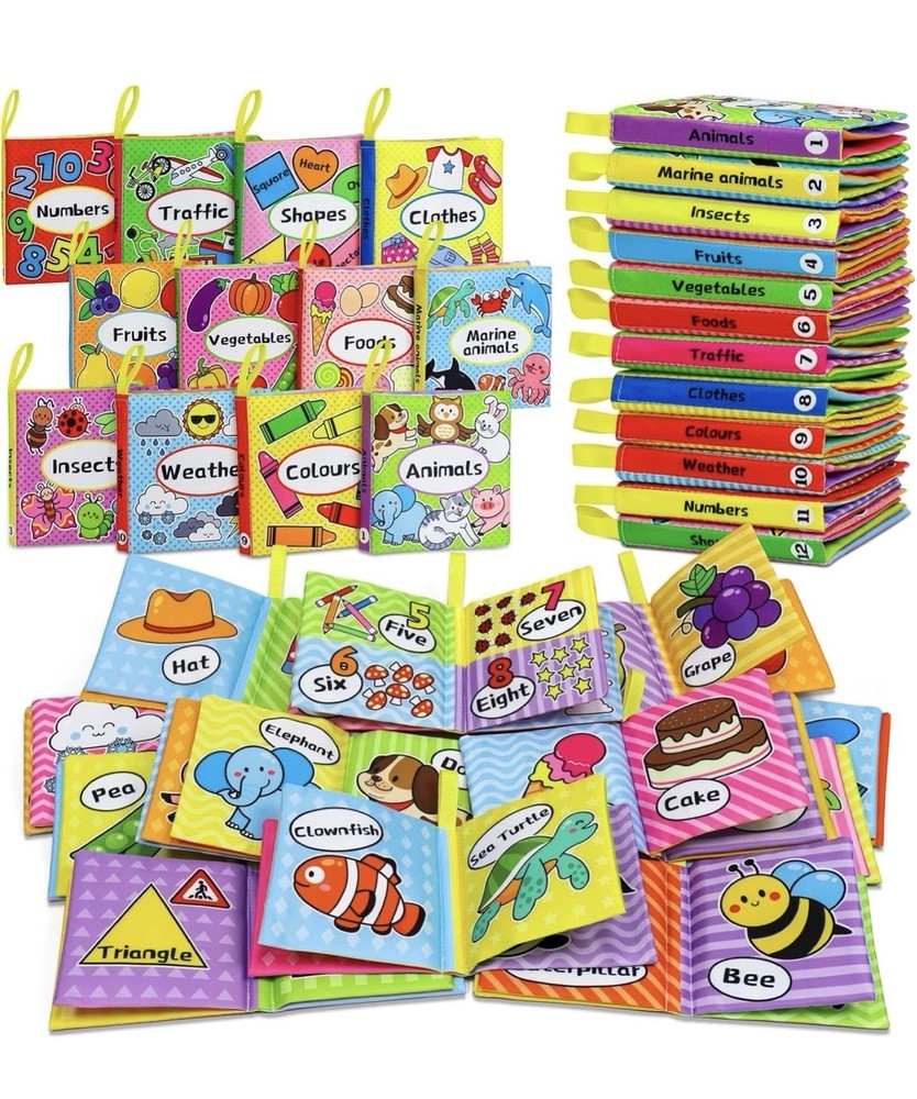 OKOOKO Soft Baby Cloth Books Set, 12 Packs Multicolor Animals Fruits Learning