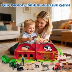 Montessori Learning Farm Animal Playset – Big Red Barn with 14 Figures & Tractor