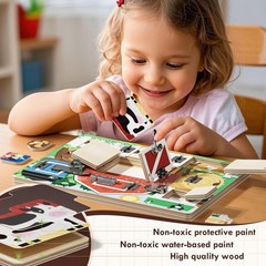 Interactive Montessori Farm Toy – Wooden Busy Board with 9 Puzzles for Toddlers