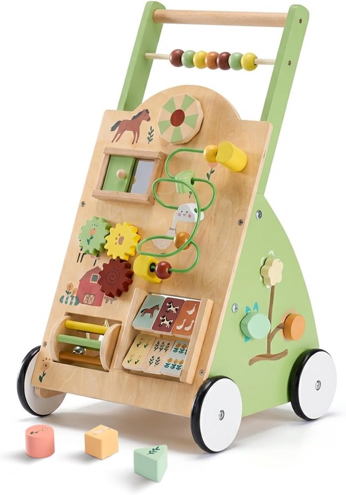 Wooden Baby Push Walker, Montessori Activity Toys with Adjustable Speed for 1 Ye