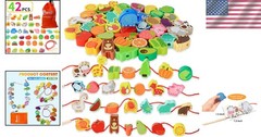 Montessori Wooden Threading Beads – Safe Farm Animal & Fruit Lacing Toy for Kids