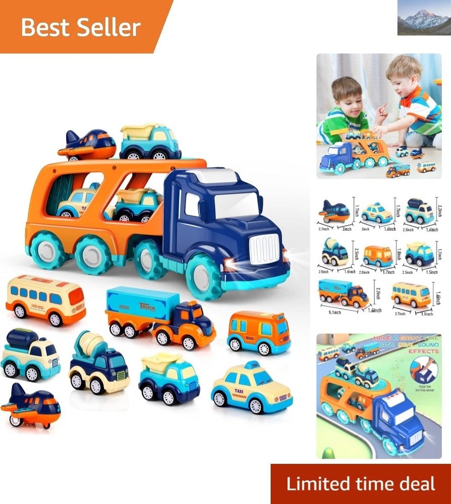 Colorful Cars Toy Set – 9 Vehicles with a Transport Truck for Toddlers Ages 2-5