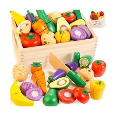 Wooden Play Food Set for Kids Kitchen | Cutting Veggies & Fruits Toy Food Set…
