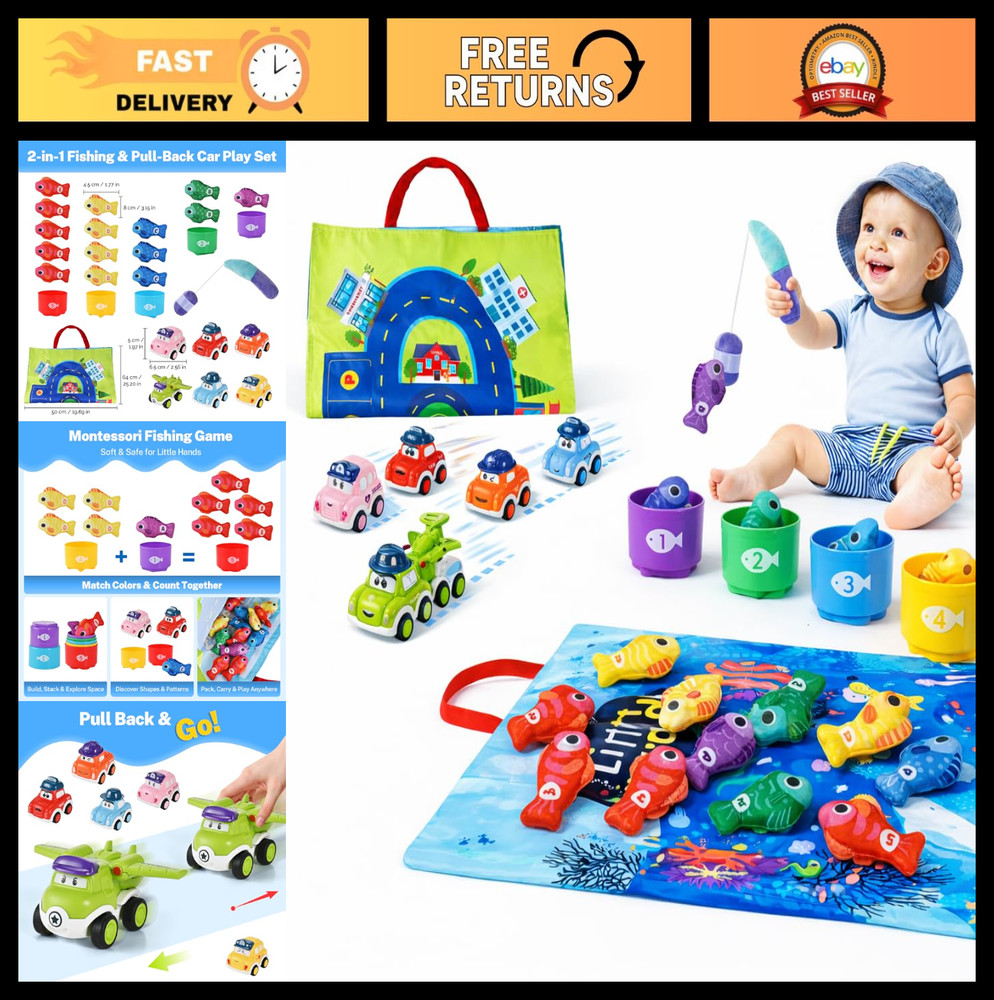 2-in-1 Montessori Fishing Game & Stacking Cups – Sensory Toy for 1 Year Olds, Ea