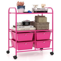 4 Drawers Shelves Rolling Storage Cart Rack-Hot Pink – Color: Pink