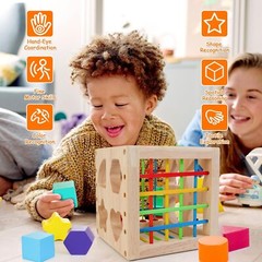 Montessori Toys for 1+ Year Old, Wooden Sorter Cube with 8Pcs Rattling Shapes, D